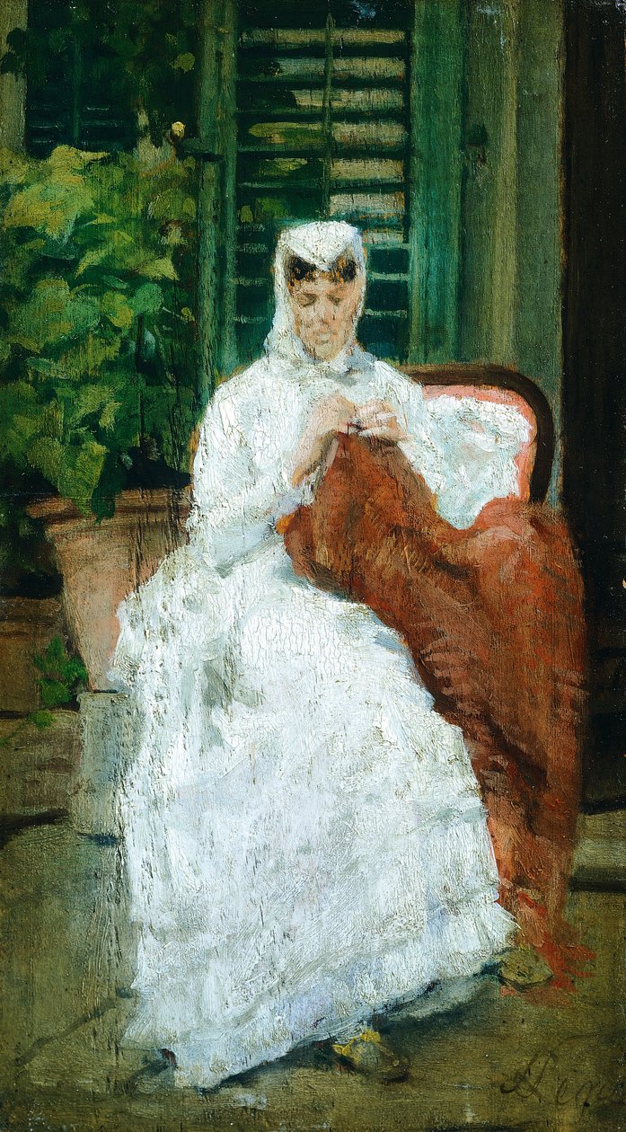 Costura feminina, por Silvestro Lega (1826-1895), Óleo sobre painel, 27,5x15,5 cm de Silvestro Lega