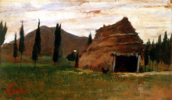 Paisagem com uma cabana de colmo de Silvestro Lega