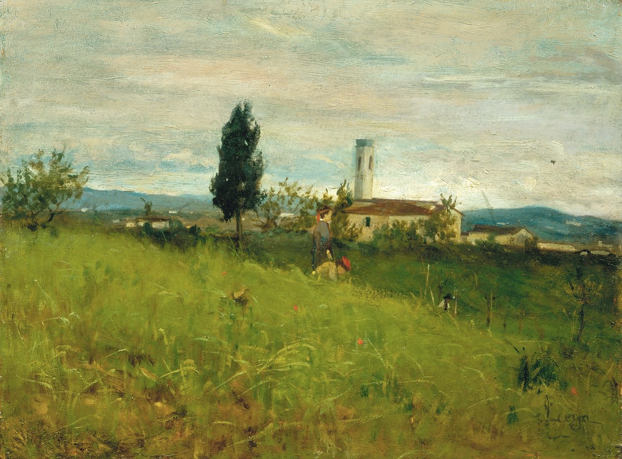 Pequena igreja no campo, c.1877 (óleo sobre tábua) de Silvestro Lega