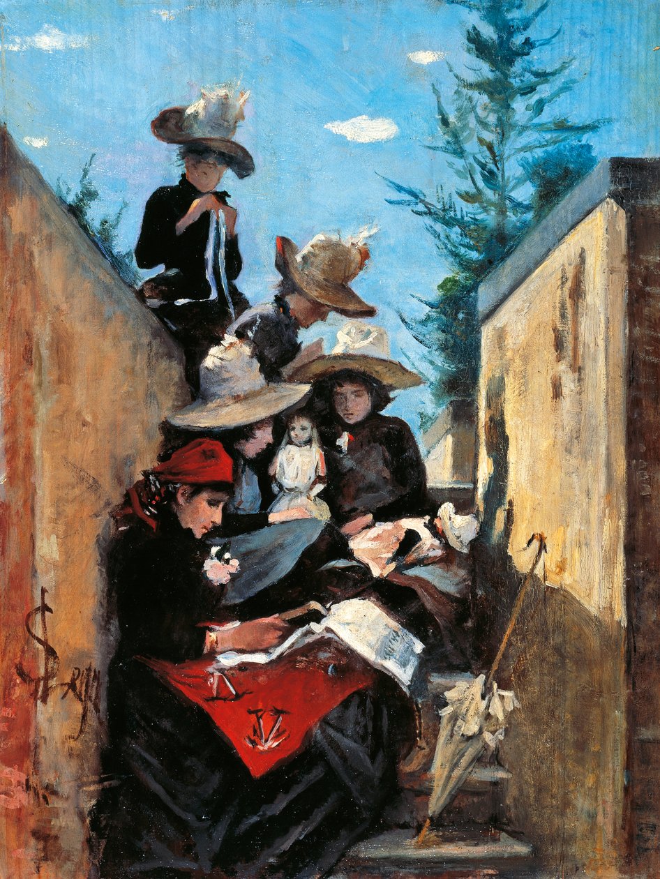 Sra. Clementina Fiorini com as suas filhas em Poggio Piano de Silvestro Lega