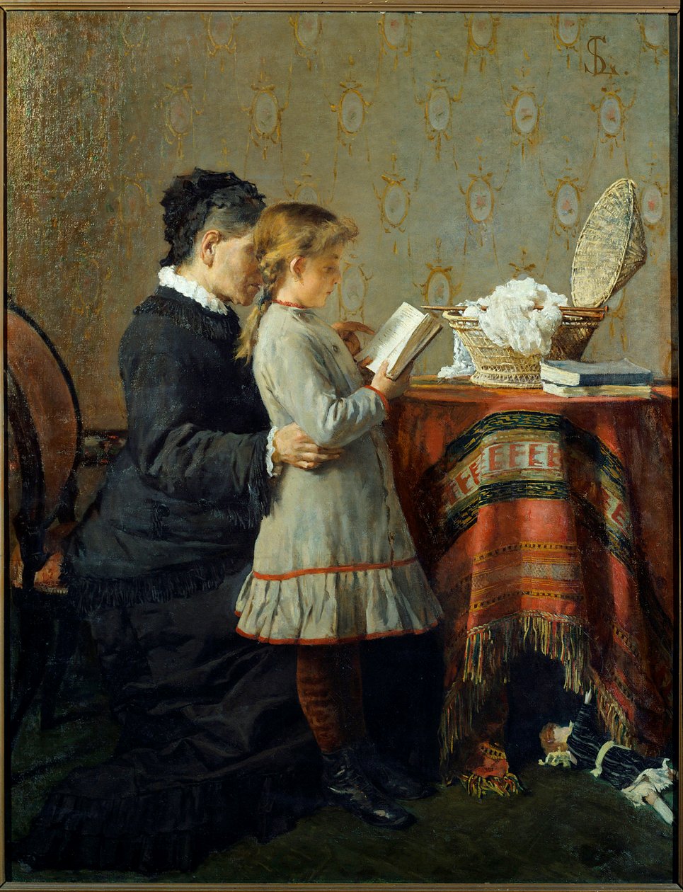 Lição de leitura. Uma enfermeira aprende a ler uma menina. Pintura de Silvestro Lega (1826-1895) Ec. Ital de Silvestro Lega
