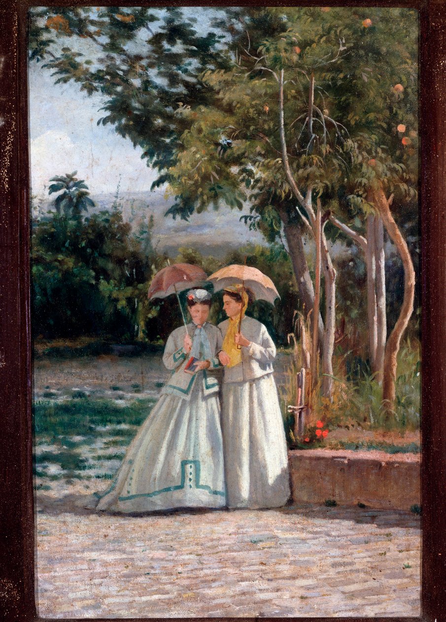O passeio no jardim - óleo sobre tela de Silvestro Lega