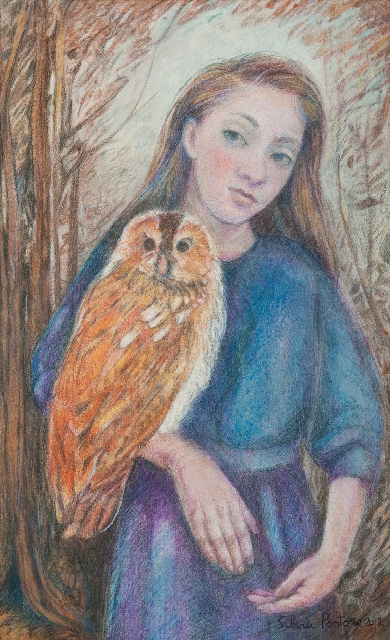 Menina com coruja, 2012 (wc e pastel sobre papel) de Silvia Pastore
