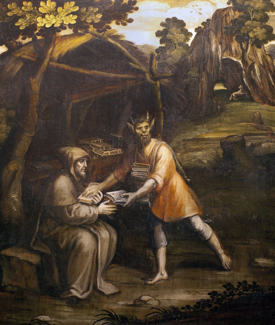O diabo pega nos livros sagrados e substitui-os por livros seculares; Pintura de Simão Rodrigues (1560-1629); (O diabo pega nos livros sagrados e substitui-os por livros seculares; paintong de Simão Rodrigues de Simao Rodrigues