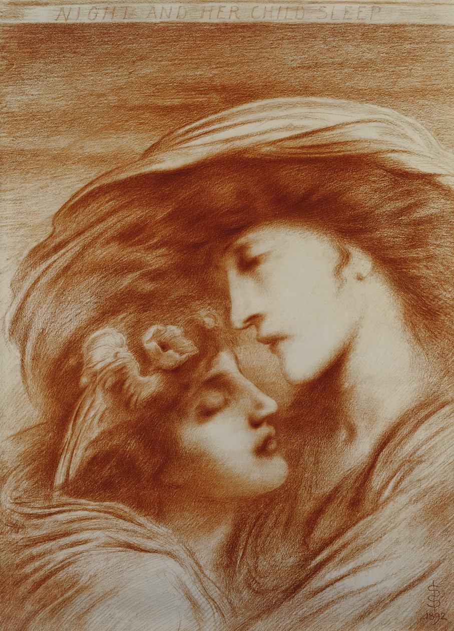 Noite e seu filho dormir, 1892 (giz vermelho sobre papel) de Simeon Solomon