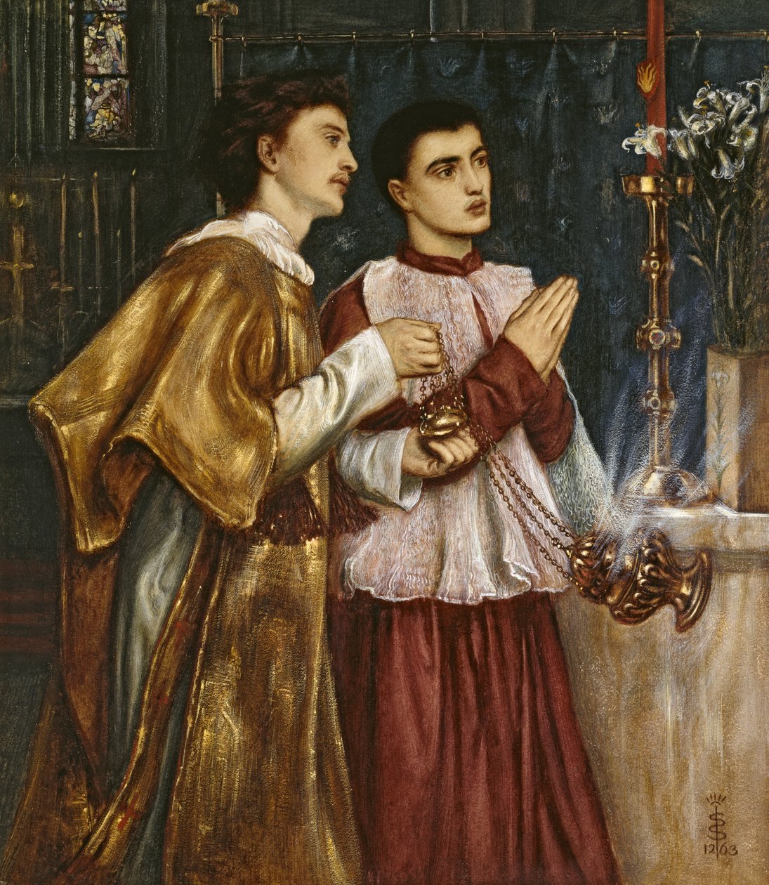 Dois Acólitos Abatendo: Pentecostes (bodycolour no papel montado na tela) de Simeon Solomon