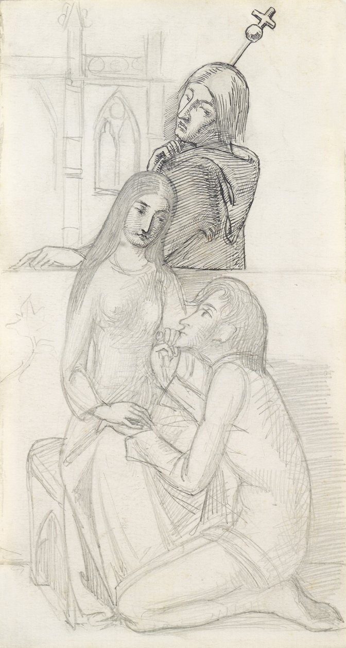 Romeu e Julieta, com Frei Lourenço (lápis, caneta e tinta no papel) de Simeon Solomon