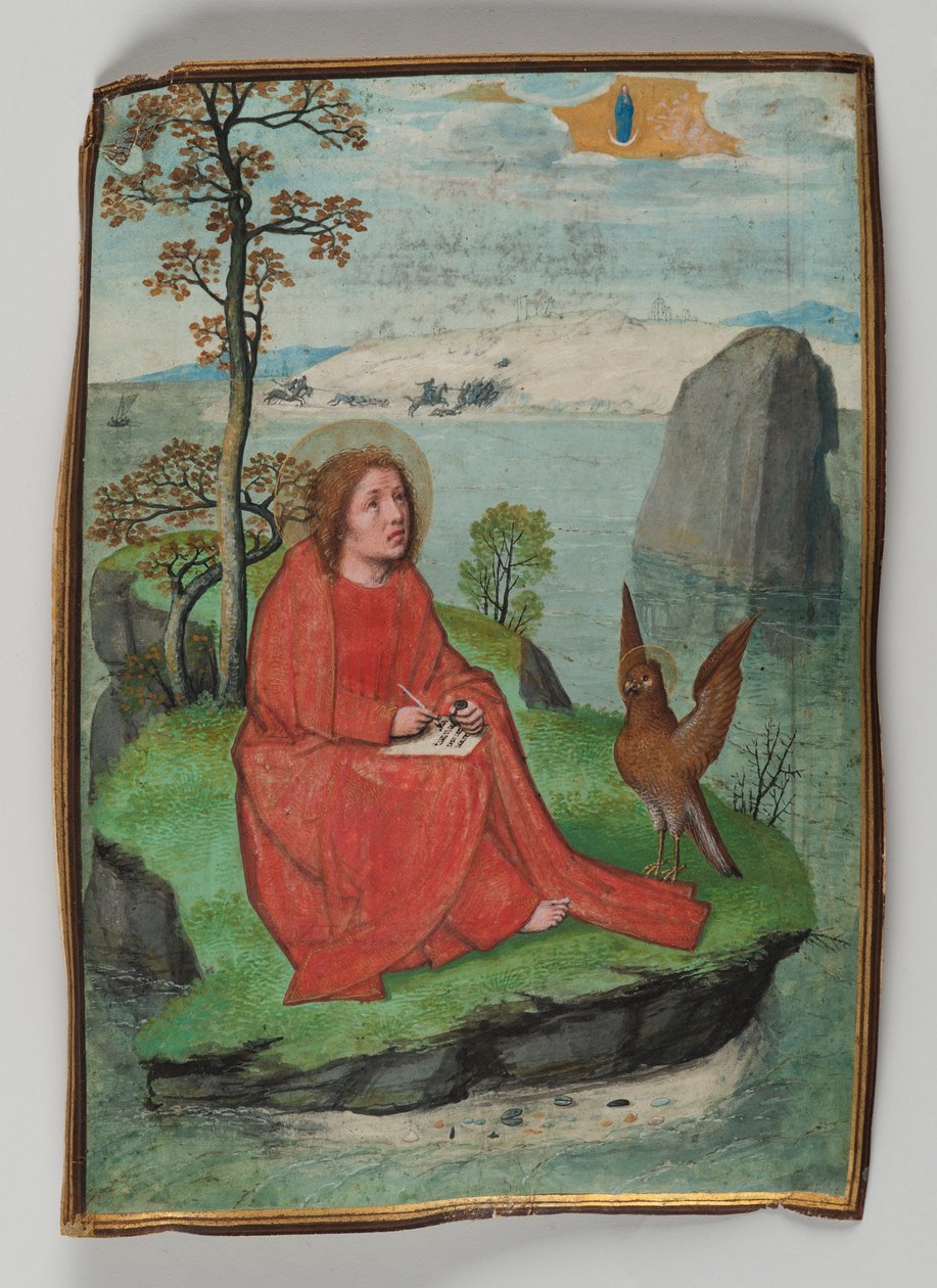 São João Escrevendo em Patmos, 1521 (tempera em pergaminho) de Simon Bening