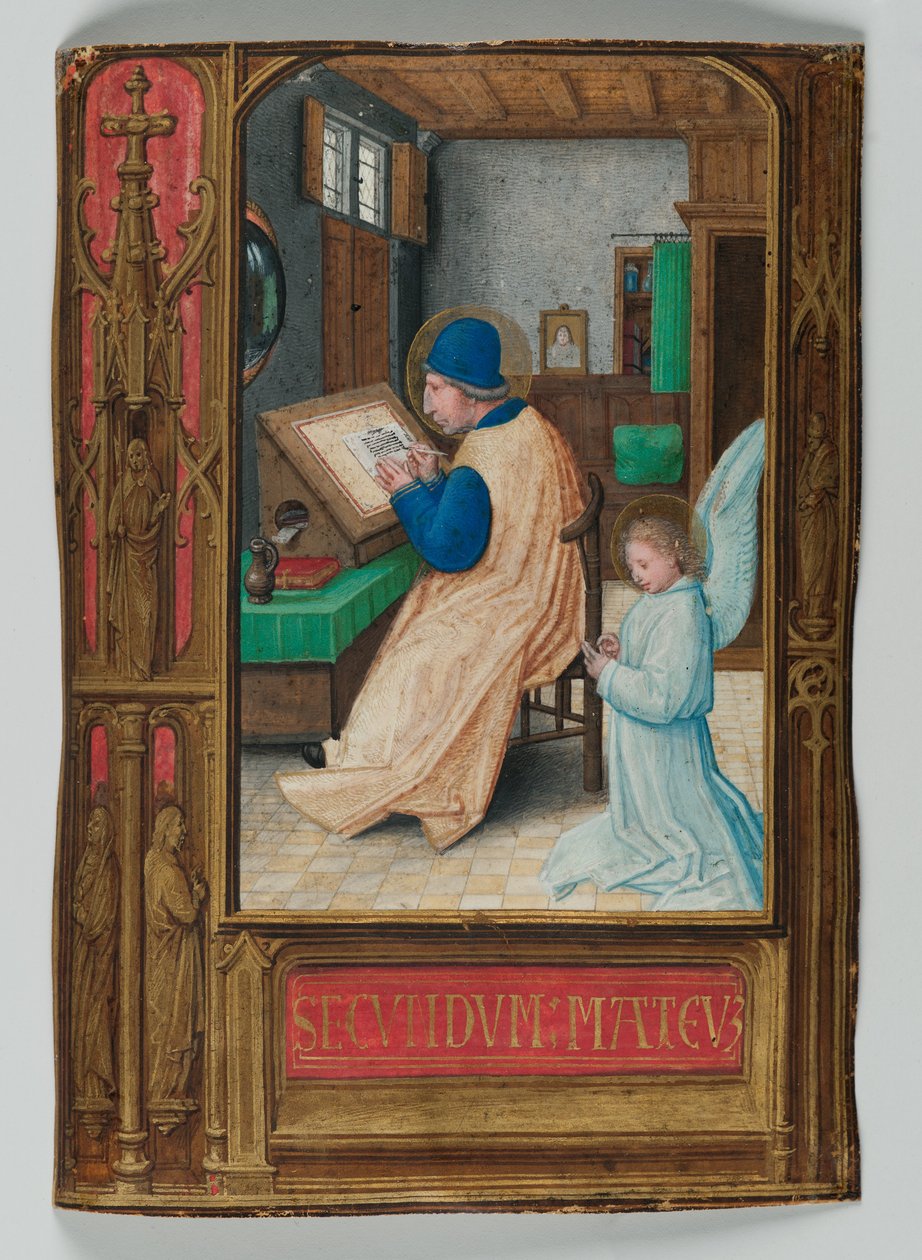 São Mateus Escrevendo com o Anjo, 1521 (tempera em pergaminho) de Simon Bening