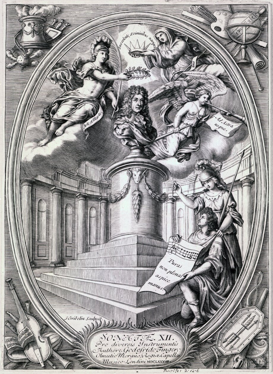 Gravura Dedicatória para Gottfried Finger, 1688 de Simon II Gribelin