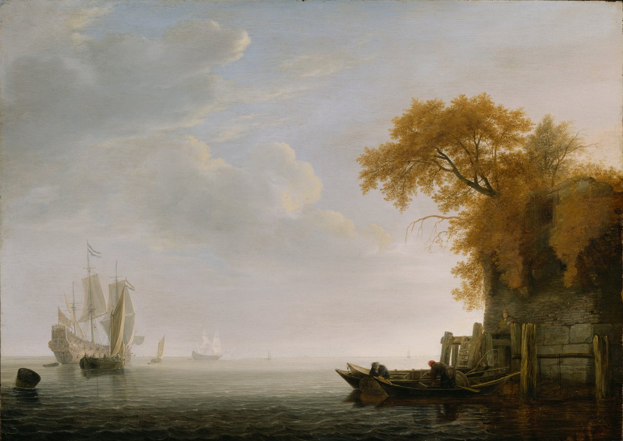 Um mar calmo, 1642 (óleo sobre painel de carvalho) de Simon de Vlieger