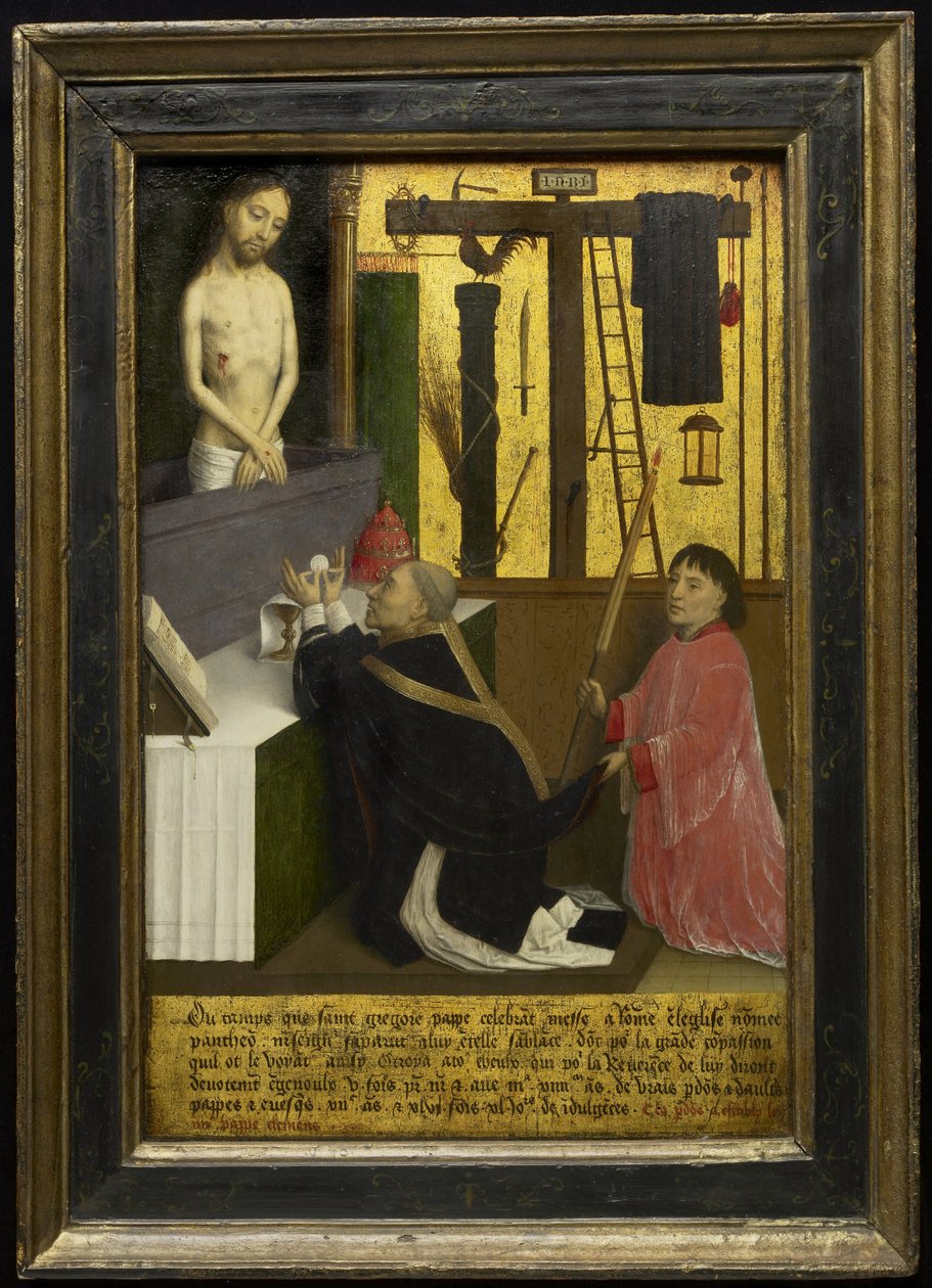 A Missa de São Gregório, c.1460-65 (óleo e folha de ouro no painel de madeira) de Simon Marmion