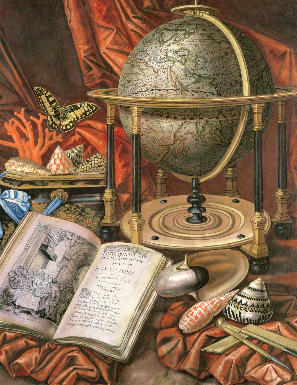 Ainda vida com um globo, livros, conchas e corais de Simon Renard de Saint Andre