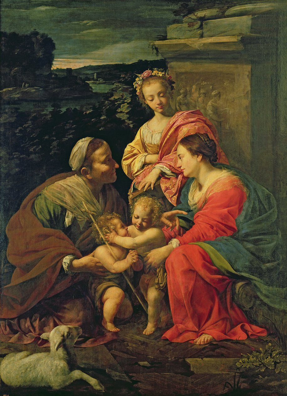 A Virgem e o Menino com Santa Isabel, o Menino São João e Santa Catarina, c.1624-26 de Simon Vouet