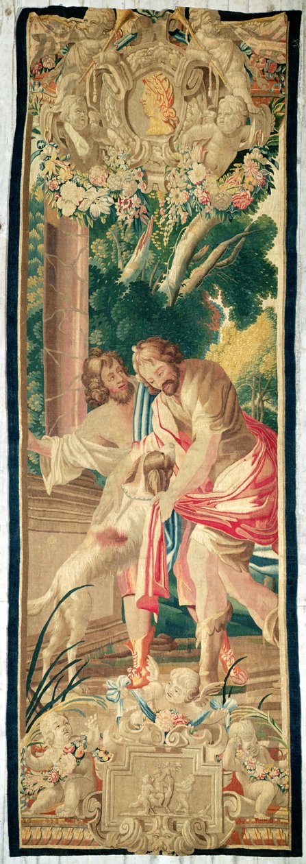 Ulisses acompanhado por Telêmaco é reconhecido por seu cão, Argus (tapeçaria de lã) de Simon Vouet