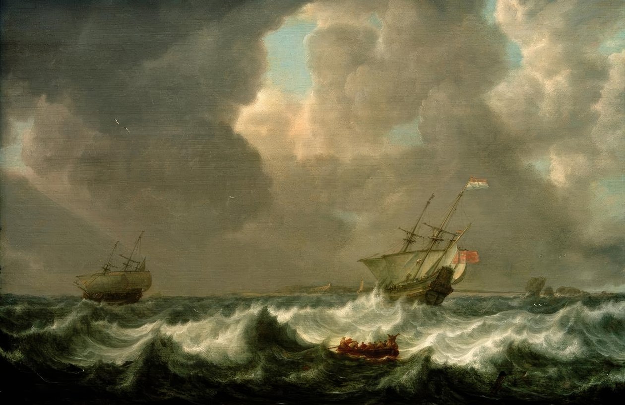 Navios mercantes holandeses no mar tempestuoso na frente de um F de Simon de Vlieger