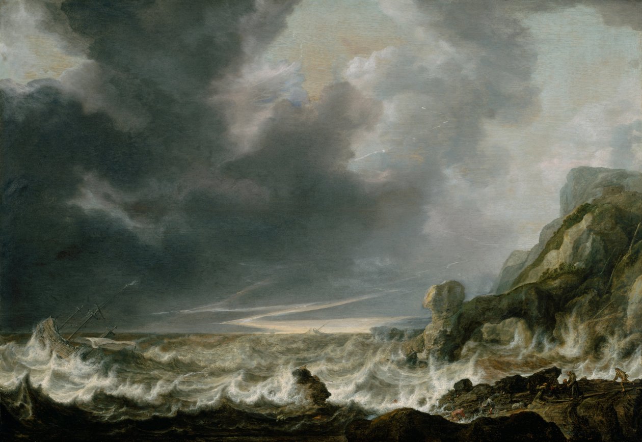 Navio em perigo fora de uma costa rochosa de Simon de Vlieger