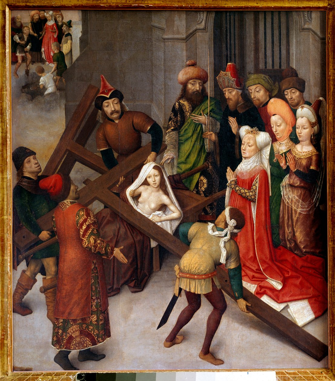 O Milagre da Verdadeira Cruz. Macaire, a eveque de Jerusalém, trouxe uma moribunda em uma maca para distinguir qual das três cruzes, descobertas por Helena, foi aquela em que Cristo foi crucificado. A realização do milagre assim o fez po de Simon (follower of) Marmion