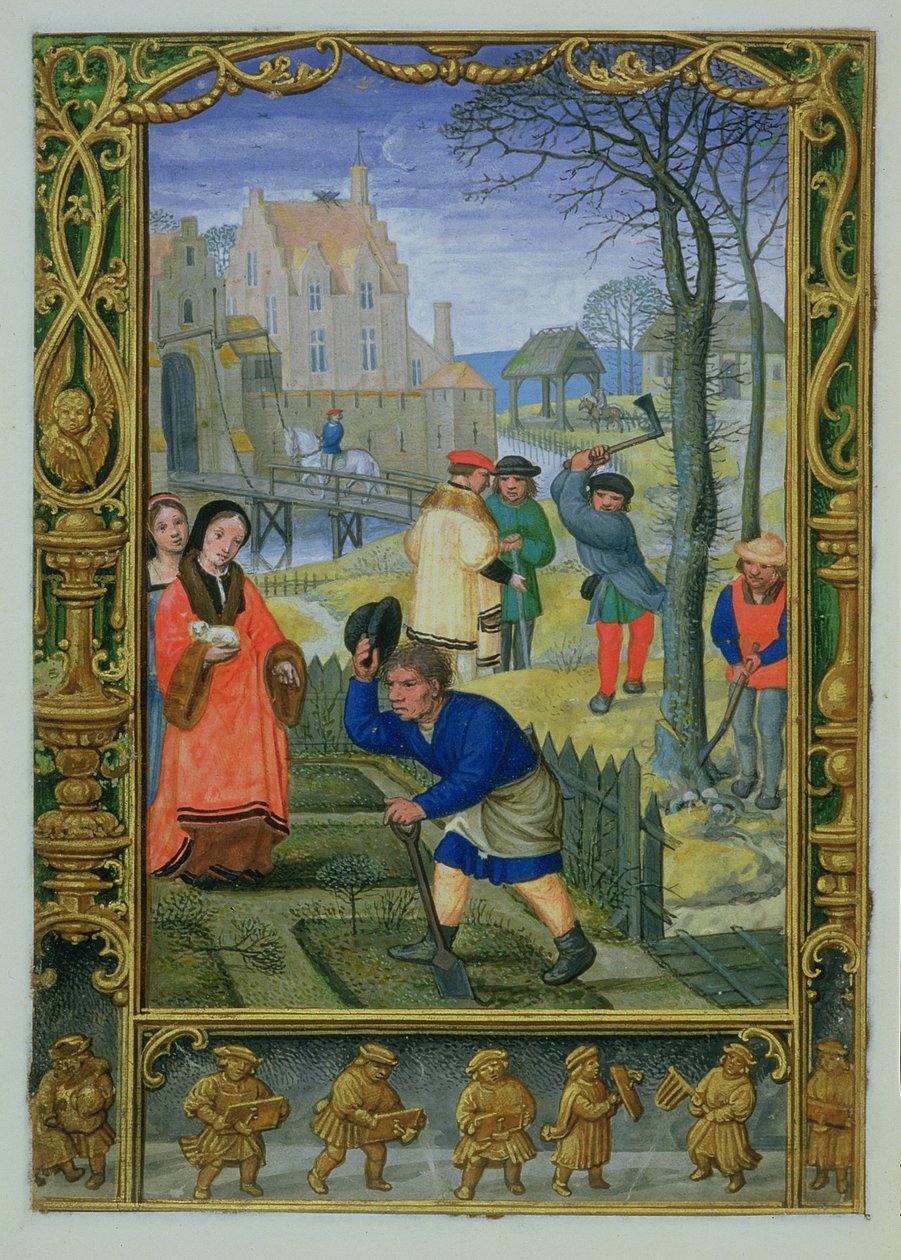 Adicionar 24098 f.20v março: jardinagem e derrubada de árvores, de um livro de horas, ou o livro de golfe, c.1520-30 (velino) de Simon (workshop of) Bening