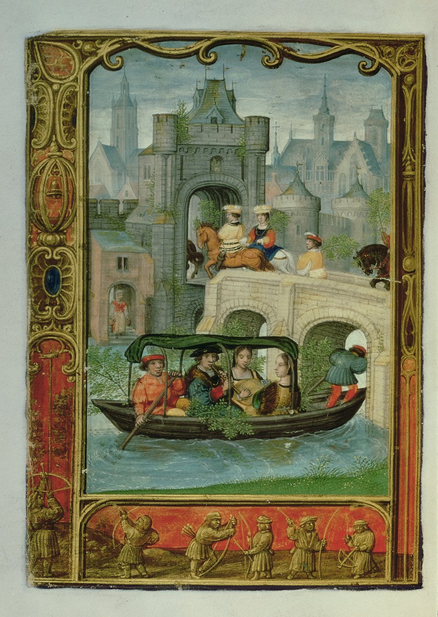 Adicionar 24098 f.22v maio: Uma festa de barco e tiro com arco, de um livro de horas, ou o livro de golfe, c.1520-30 (velino) de Simon (workshop of) Bening