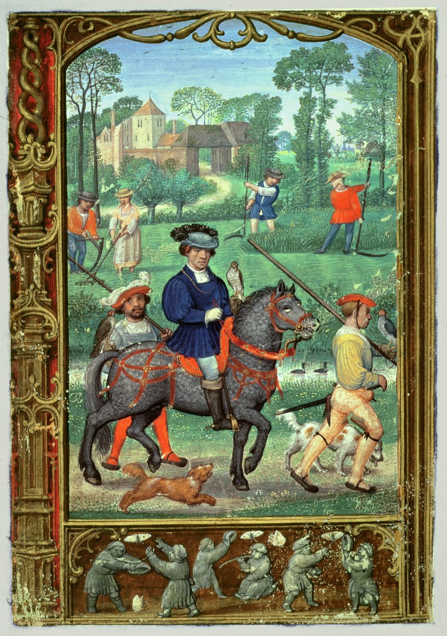 Adicionar 24098 f.24v Julho: Falcoaria, feno e caça de borboletas, de um Livro de Horas, ou o Livro de Golfe, c.1520-30 (velino) de Simon (workshop of) Bening