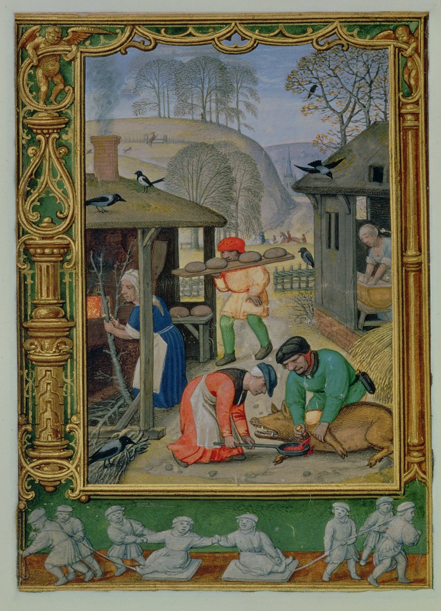 Adicionar 24098 f.29v Dezembro: Preparar comida para o inverno, fazer pão e matar um porco, de um Livro de Horas, ou o Livro de Golfe, c.1520-30 (velino) de Simon (workshop of) Bening