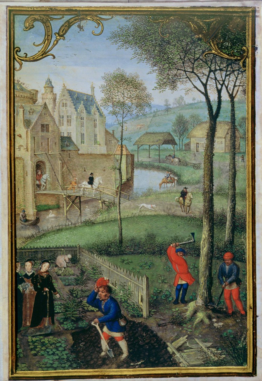 Adicionar 18855 f.108 março: derrubada de árvores, de um Livro de Horas, c.1540 (velino) de Simon Bening