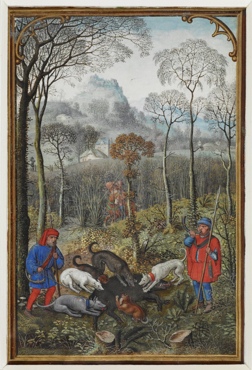 Adicione a miniatura do calendário MS 18855 f.108v para dezembro mostrando um pergaminho de caça ao javali) de Simon Bening