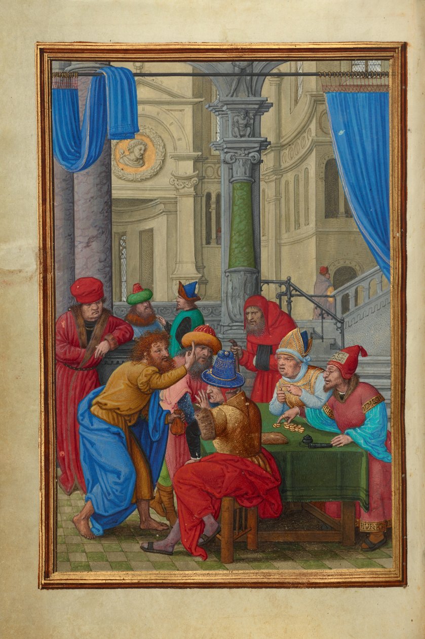 Judas recebe as trinta moedas de prata de Simon Bening