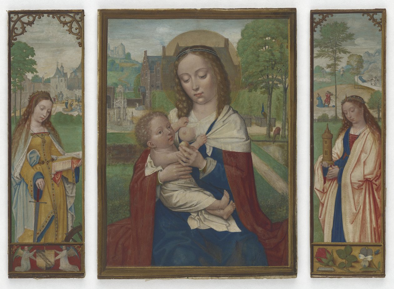 Virgem e o Menino; Santos Catarina e Bárbara, c.1520 (têmpera sobre velino) de Simon Bening