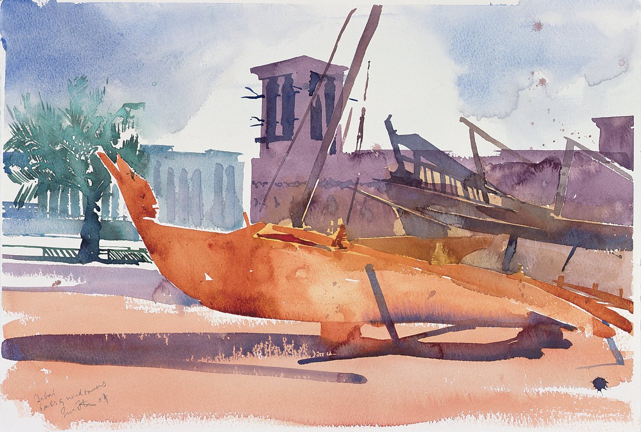 Dubai, Barcos e Torres Eólicas, 2004 (aguarela sobre papel) de Simon Fletcher