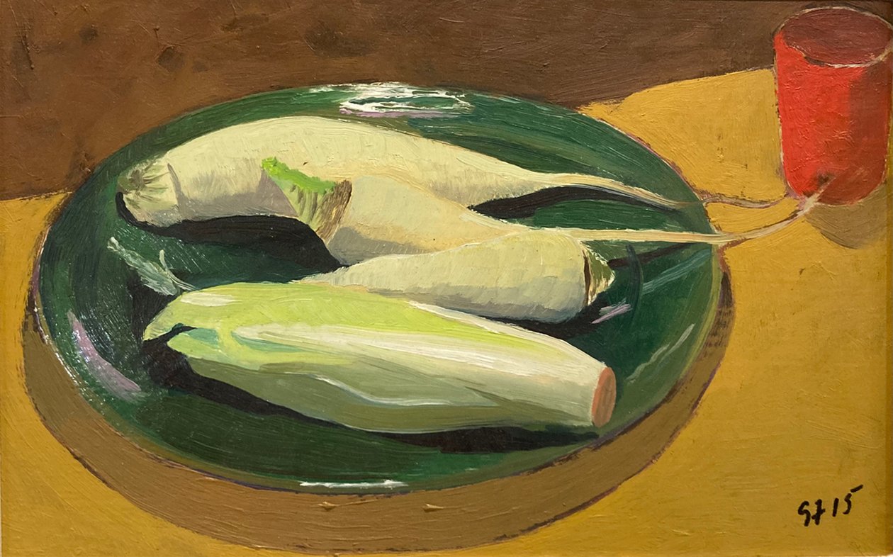 Quatro endívias (óleo sobre cartão) de Simon Fletcher