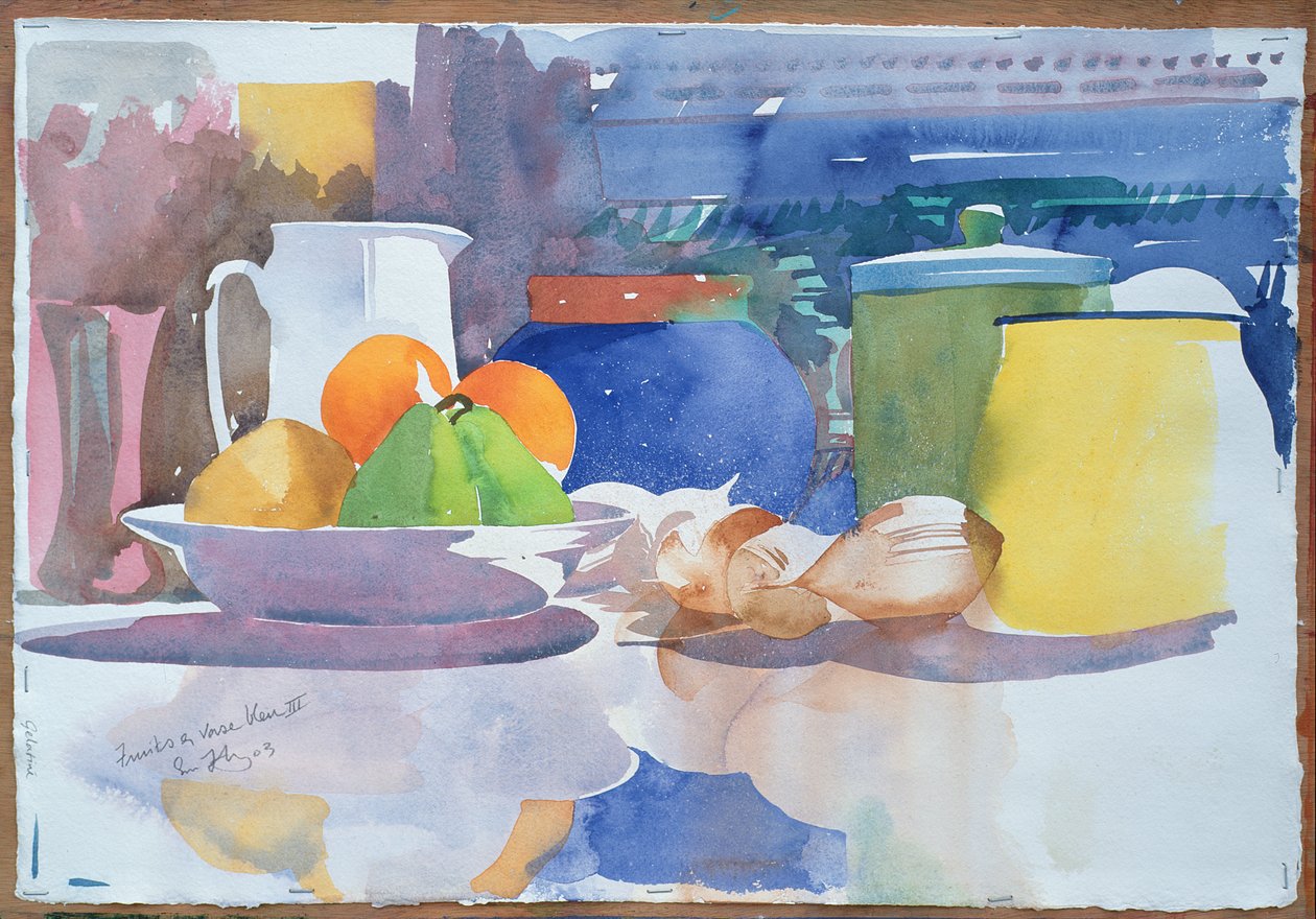 Fruits et Vase Bleu II, 2003 (aguarela sobre papel) de Simon Fletcher