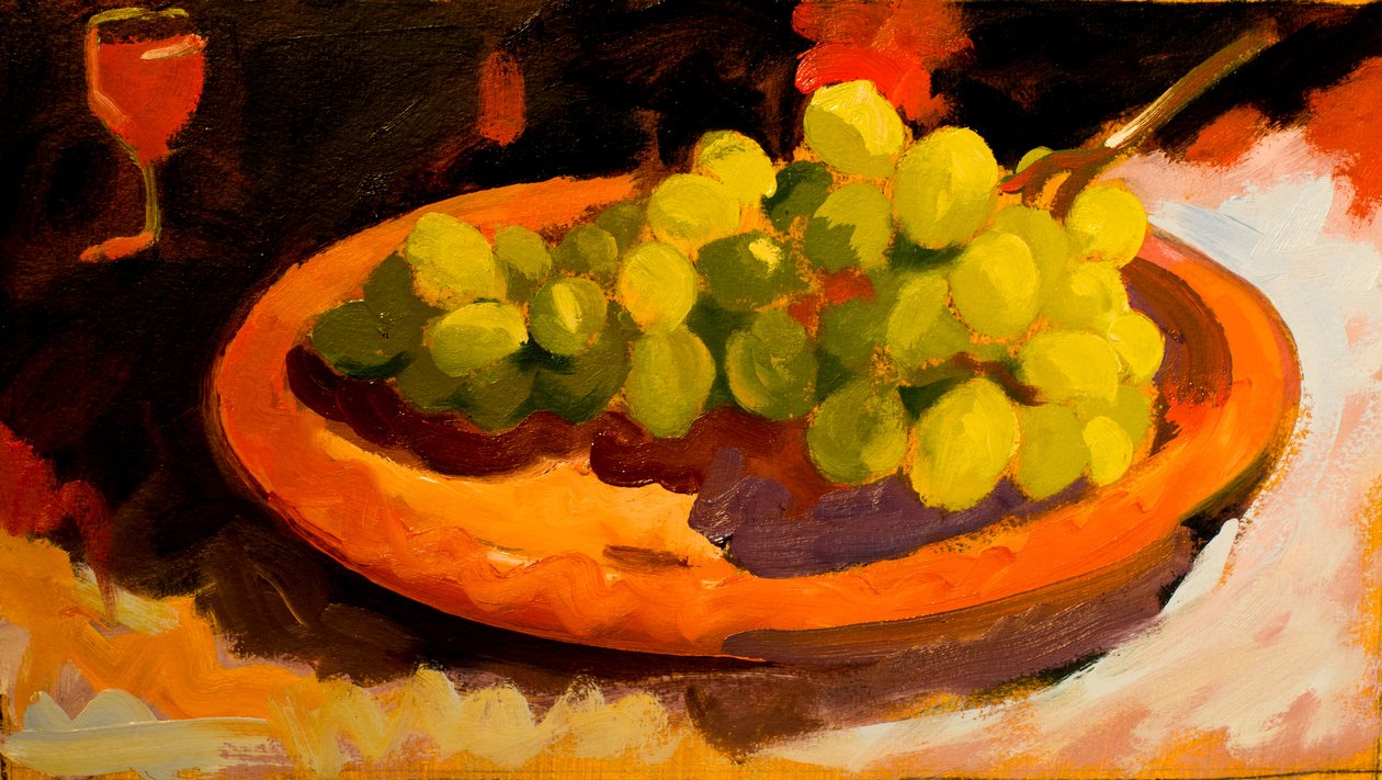 Uvas II, 2016 (óleo sobre cartão) de Simon Fletcher
