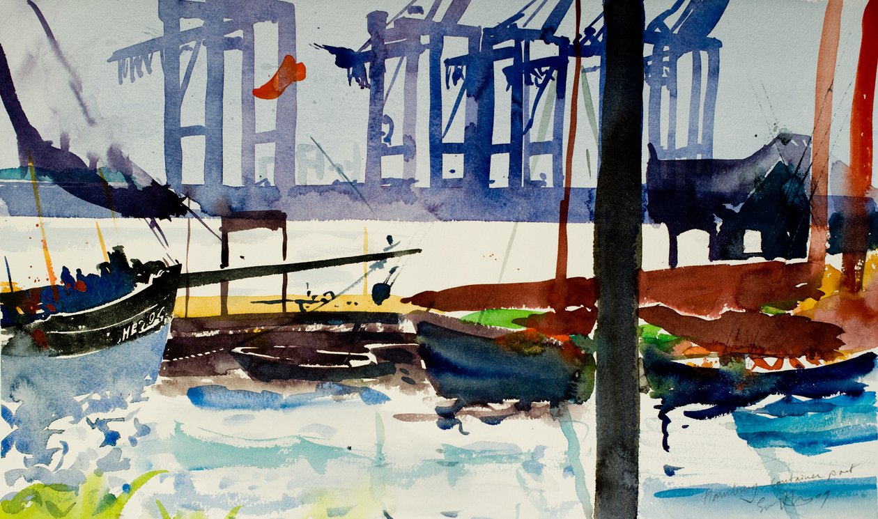 Hamburgo, porto de contentores, 2009 (aguarela) de Simon Fletcher