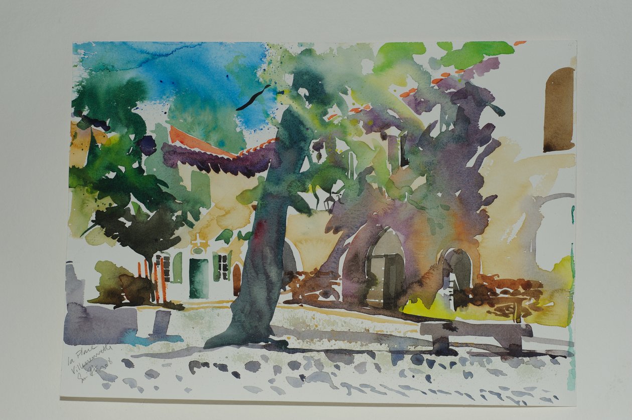 La Place, Villeneuvette, 2009 (aguarela sobre papel) de Simon Fletcher