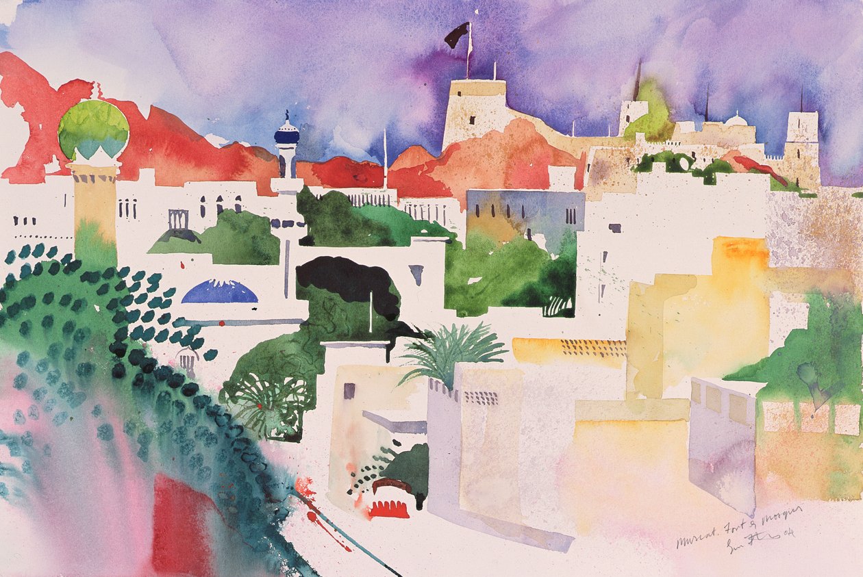 Forte e mesquitas de Mascate, 2004 (aguarela sobre papel) de Simon Fletcher