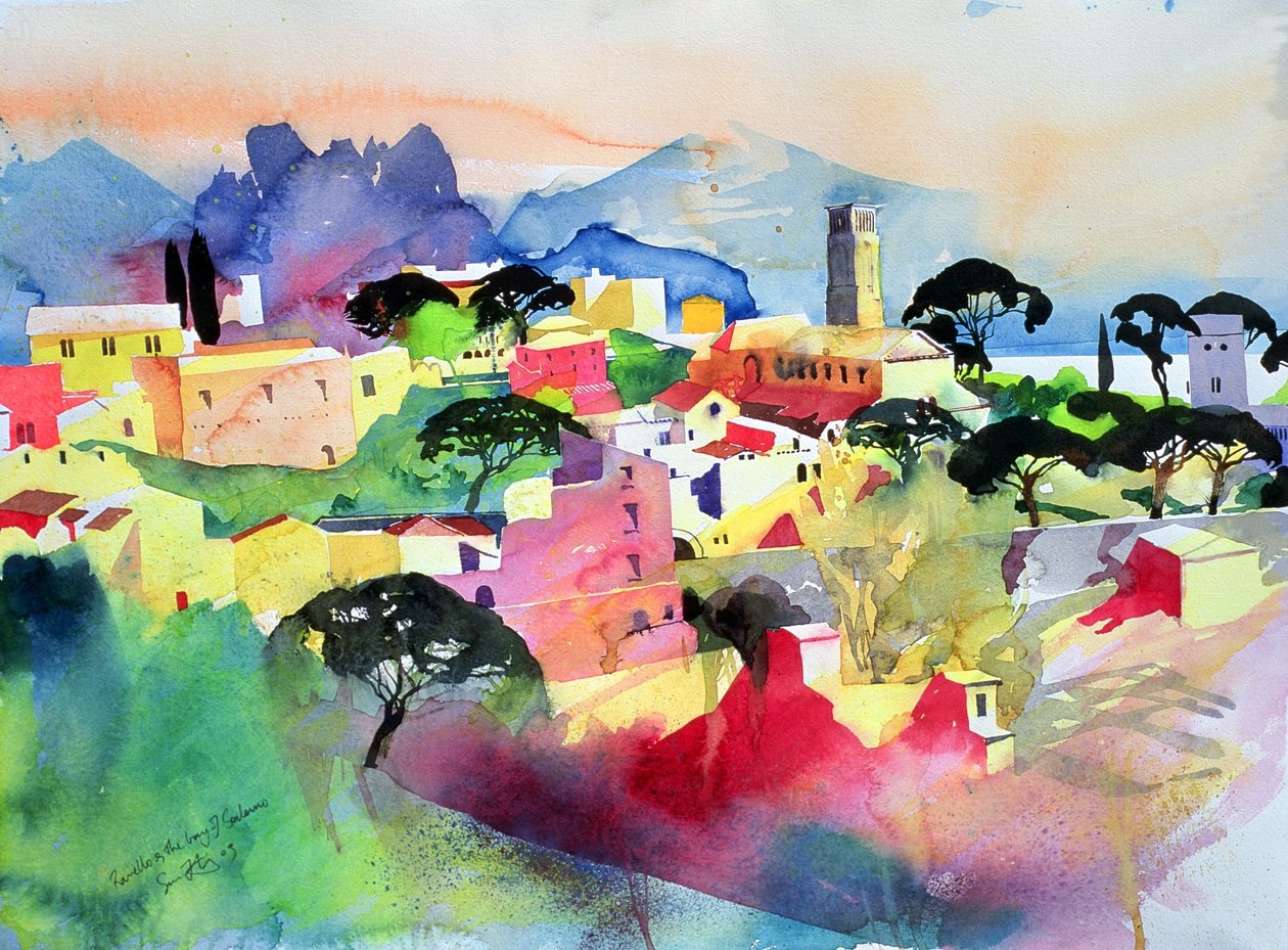 Ravello e a Baía de Salerno, 2003 (aguarela sobre papel) de Simon Fletcher