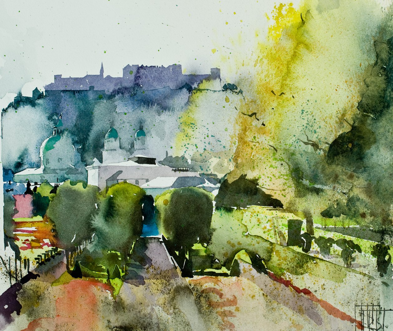 Salzburgo a partir dos jardins de Mirabell, 2008 (aguarela) de Simon Fletcher