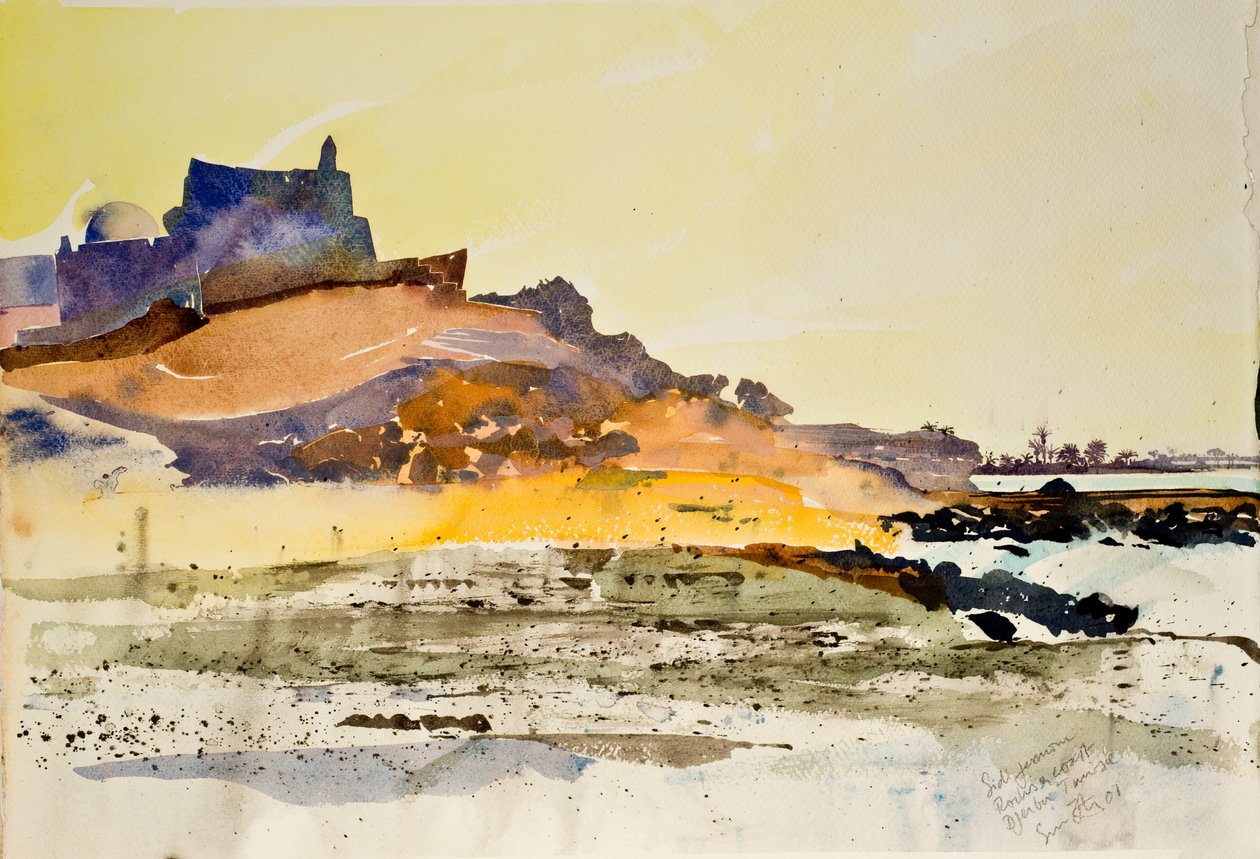 Sidi Jemour, rochedos e costa, Djerba Tunísia, 2000 (aguarela) de Simon Fletcher