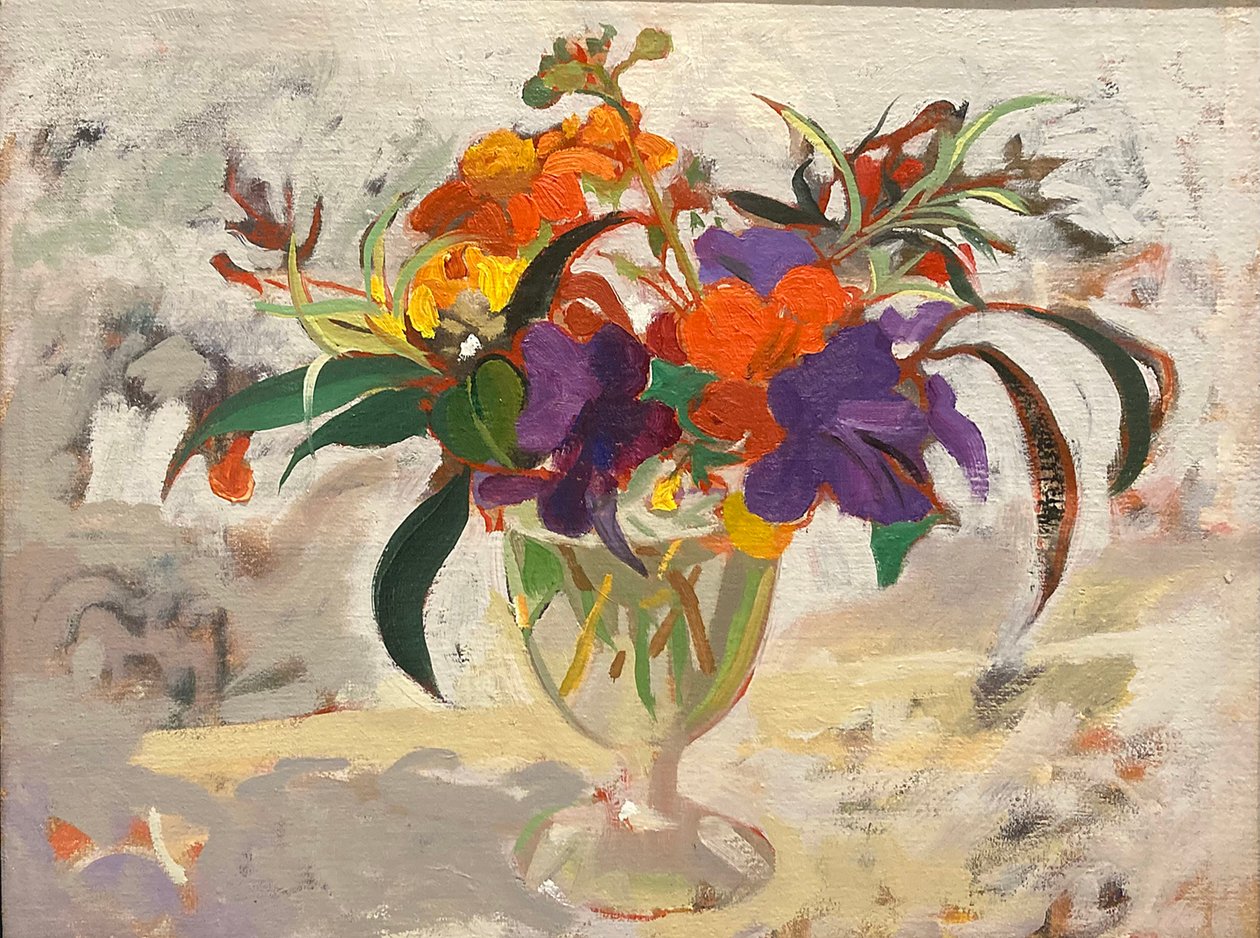 Streptocarpus e gerânio (pintura a óleo) de Simon Fletcher
