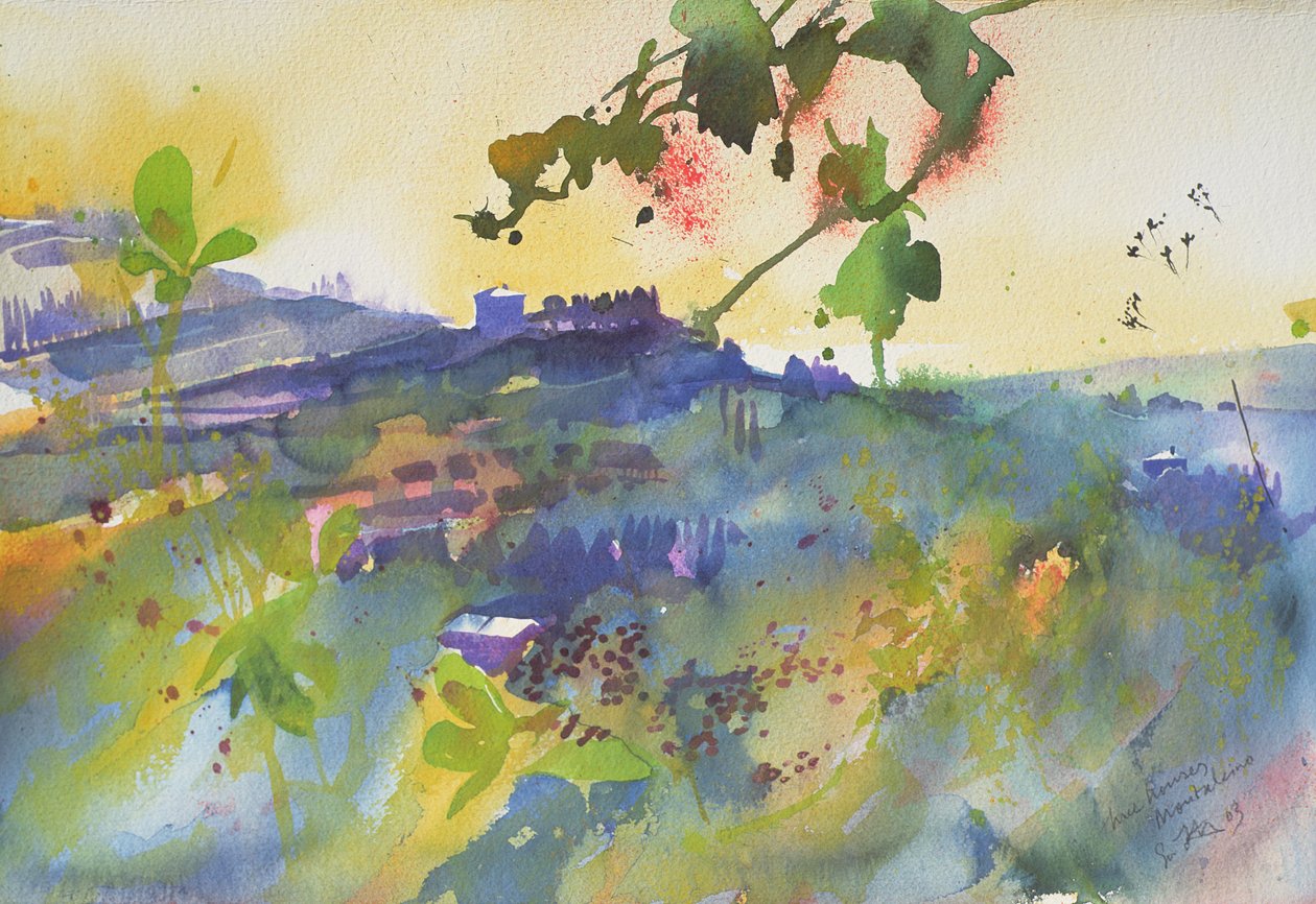 Três casas Montalcino, Itália, 2003 (aguarela) de Simon Fletcher