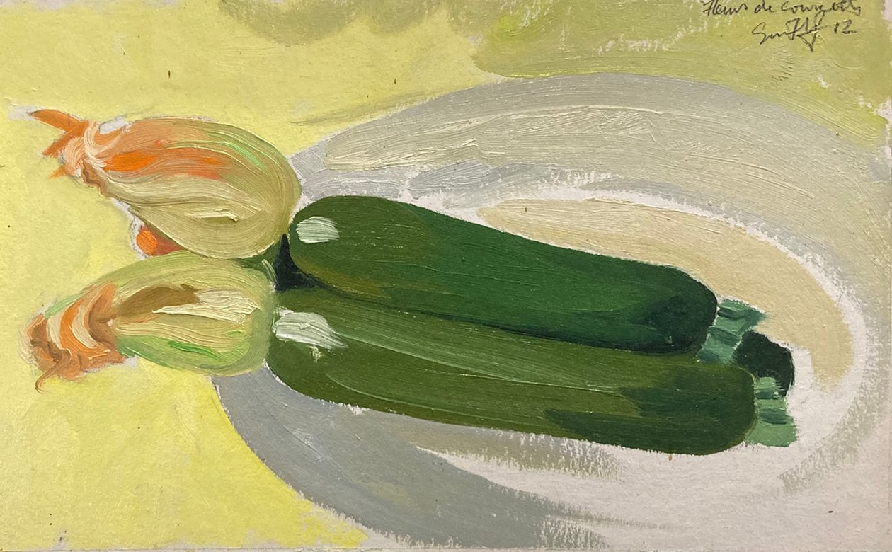 Duas courgettes (óleo sobre tábua) de Simon Fletcher