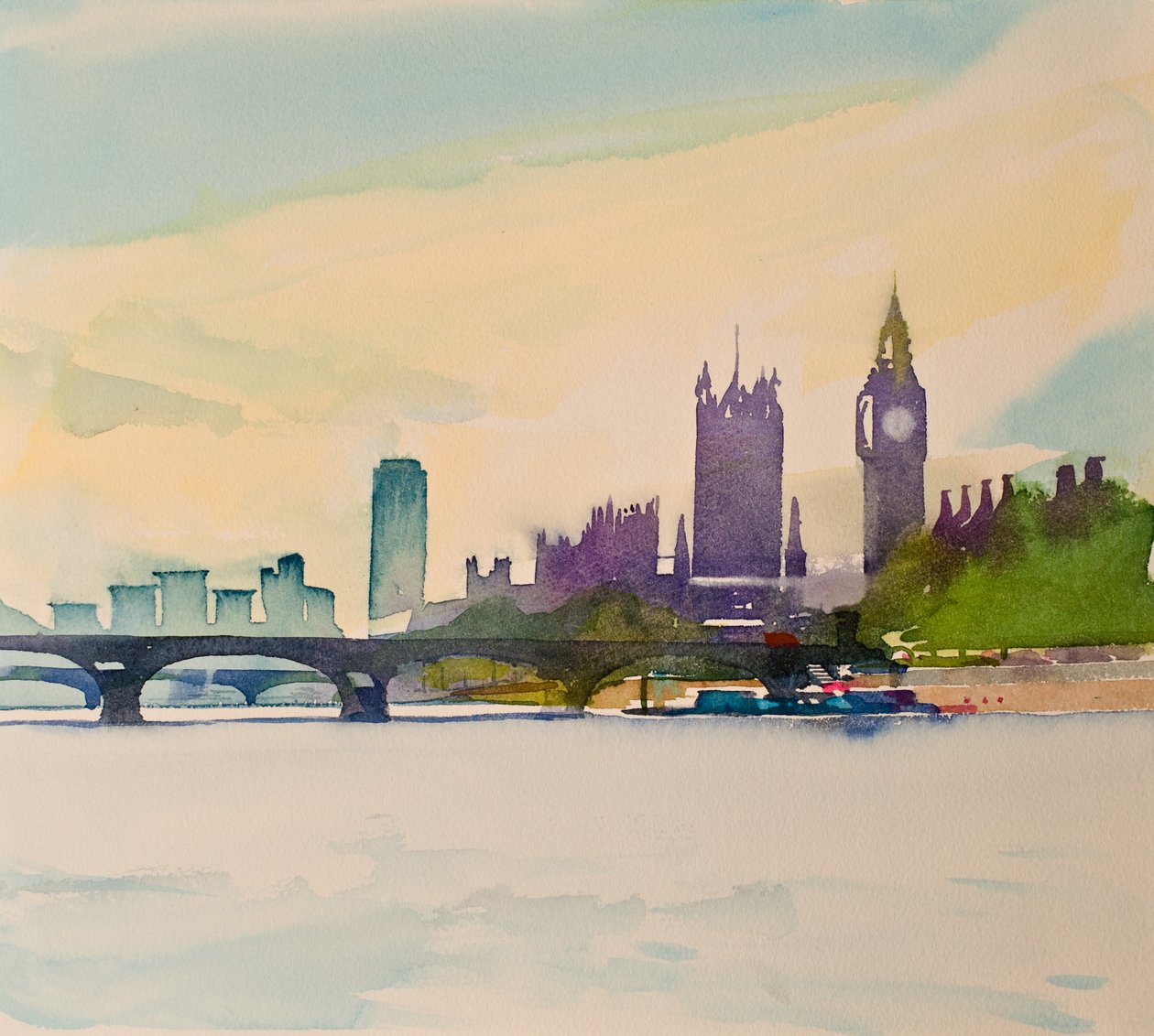 Westminster a partir da ponte pedonal II, 2016 (aguarela) de Simon Fletcher