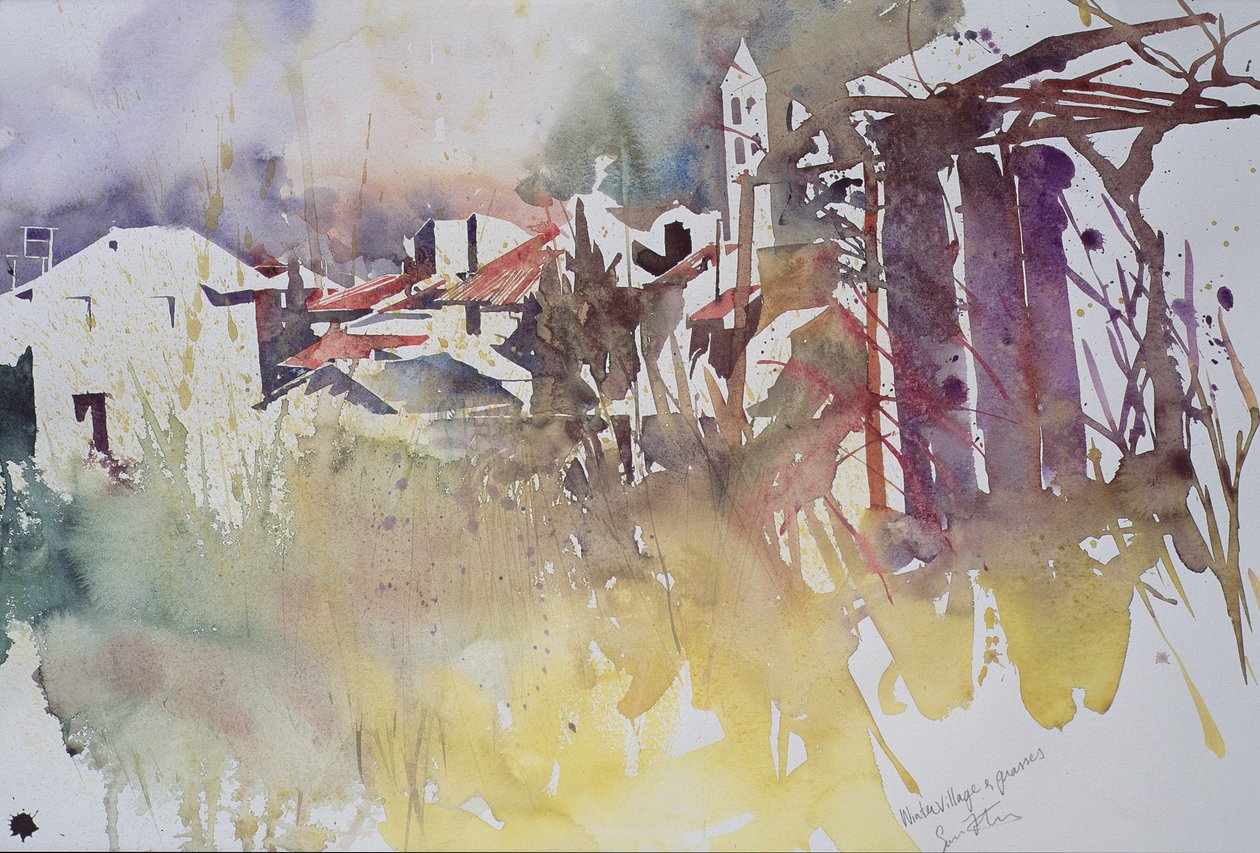 Aldeia de inverno e gramíneas, França, 2008 (aguarela) de Simon Fletcher