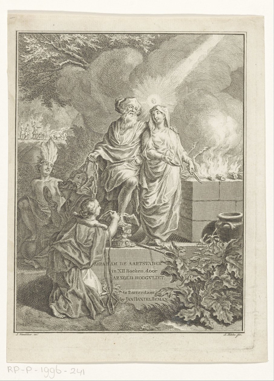 Folha de rosto alegórica com o Patriarca Abraão e Verdade Página de rosto para: Arnold Hoogvliet, Abraham, o patriarca, em XII Boeken, s.a. de Simon Fokke