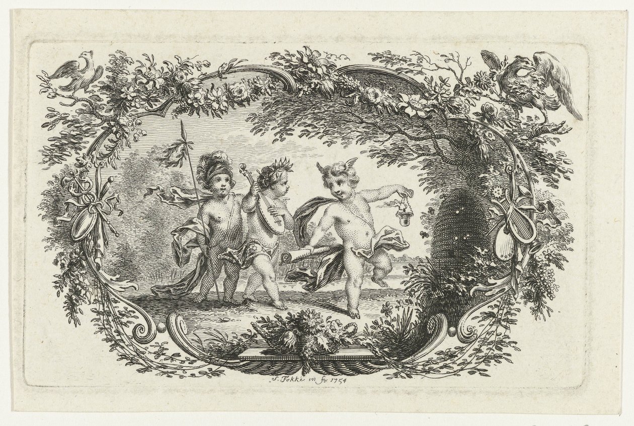 Três putti perto de uma colmeia de Simon Fokke