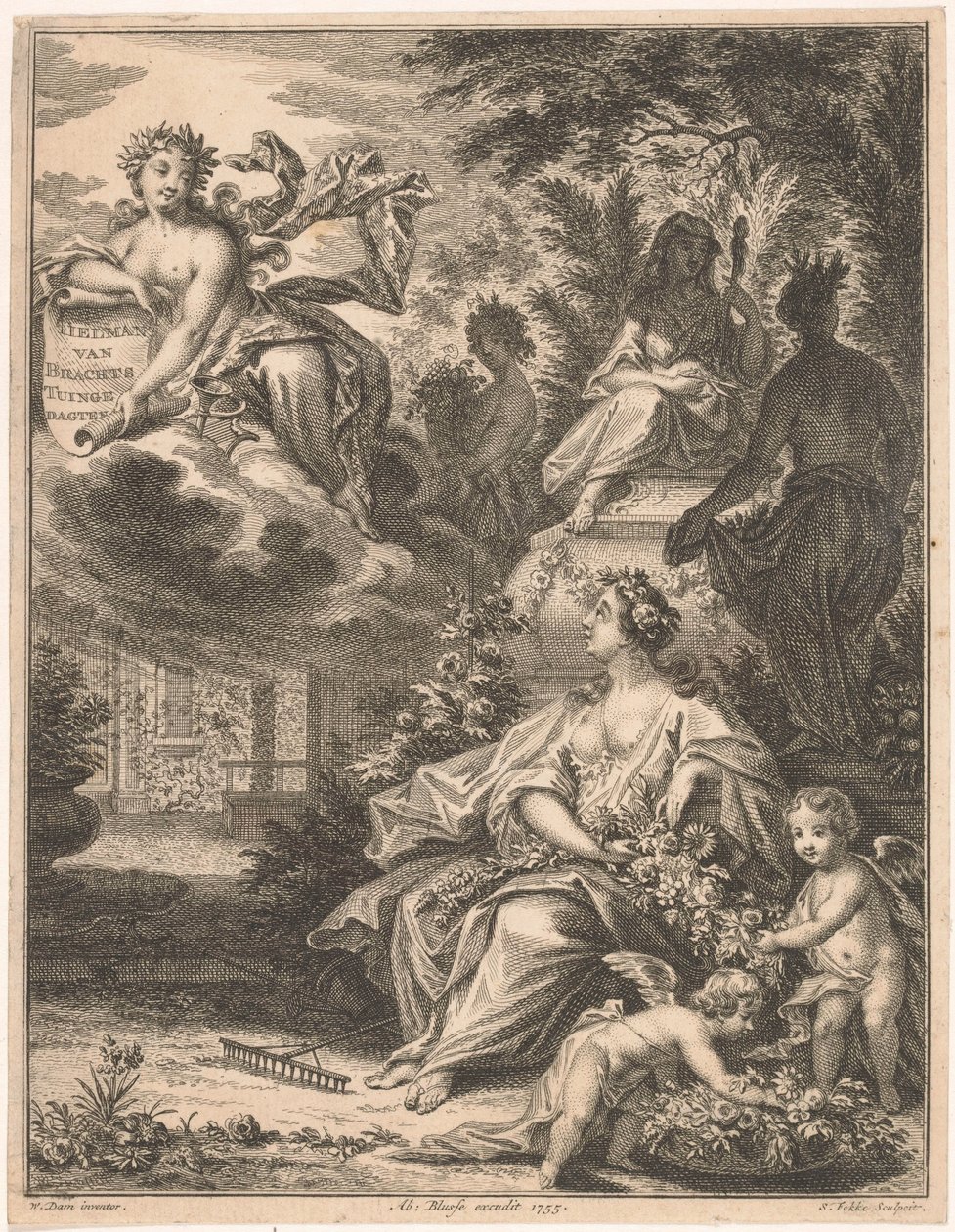 Flora em um jardim Página de rosto para: Tielman van Bracht, Tuingedagten. Em seis cursos, 1754 de Simon Fokke