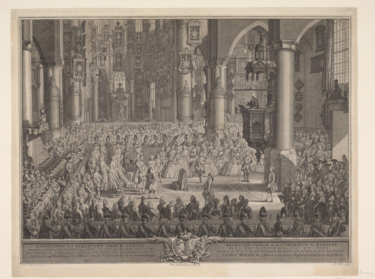 Casamento de Karel Christian van Nassau-Weilburg com a princesa Carolina, 1760 Representação da cerimônia solene de casamento do (...) príncipe van Nassau Weilburg com (...) Carolina van Oranje & Nassau ocorreu na quarta-feira, 5 de março de 1760, no Groot de Simon Fokke