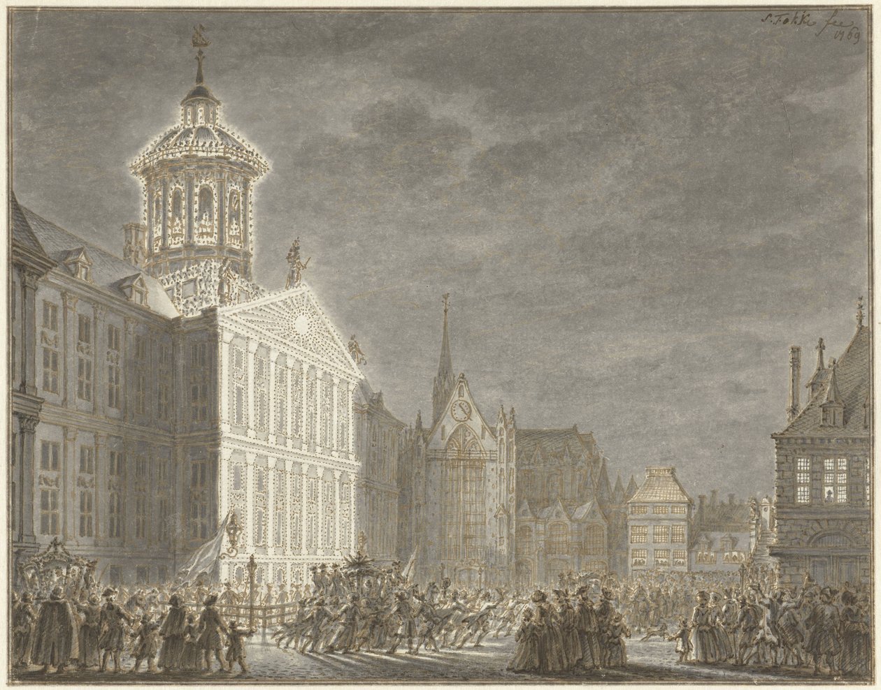 Iluminação da Câmara Municipal para William V e Wilhelmina da Prússia, 1768 de Simon Fokke